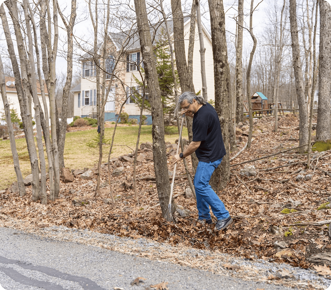 Person cleaning yard with rake
